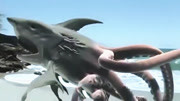 变异鲨鱼长着章鱼触角，离开海面直立行走，撕咬着比基尼美女