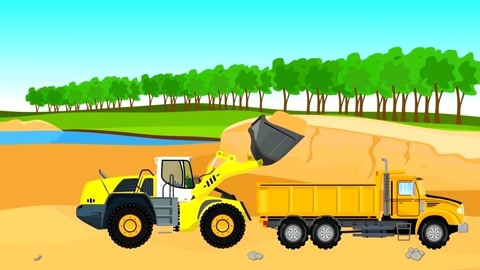 卡通挖掘机 汽车 铲车 吊车 起重机  :少儿卡通动画 组装一辆黄色的